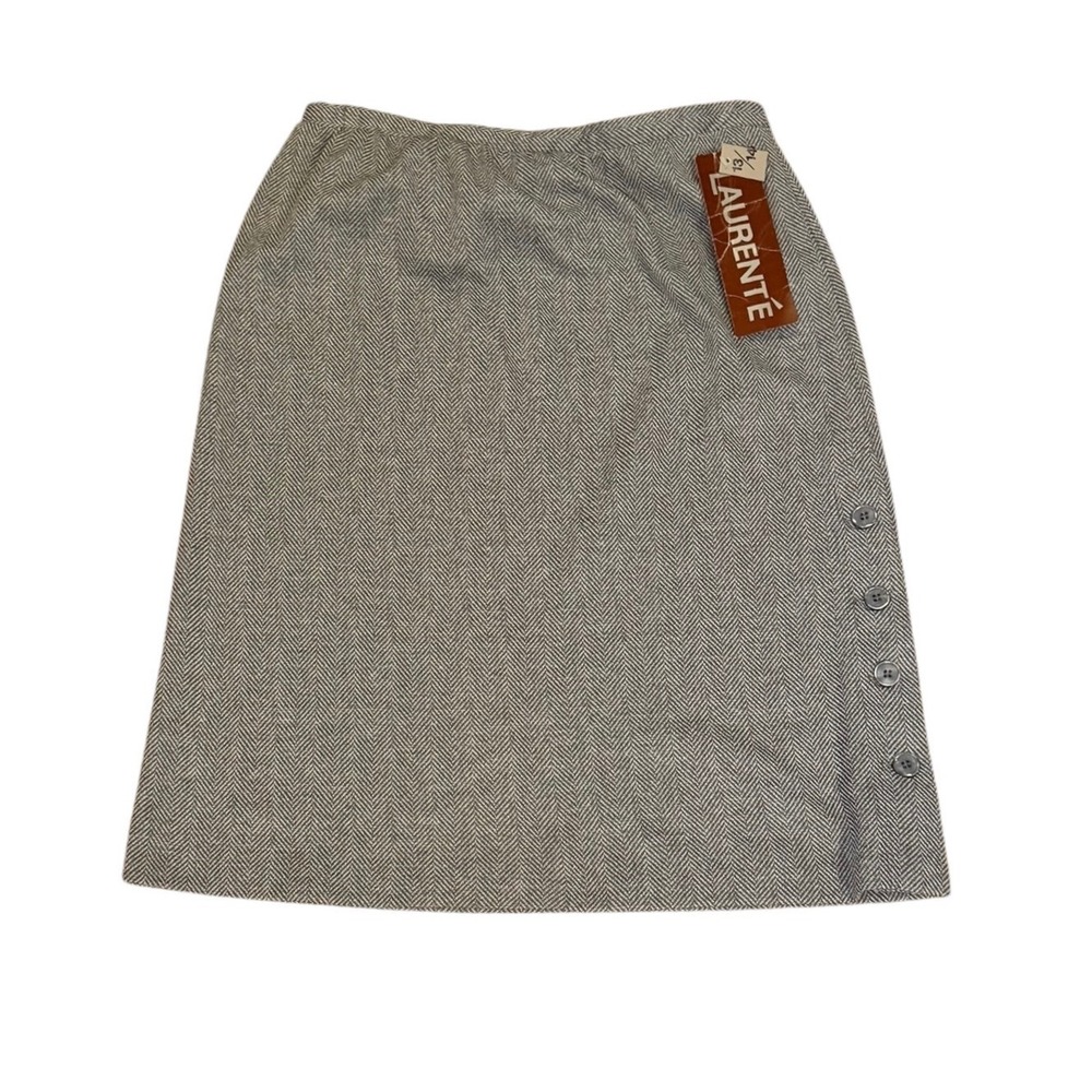 Vtg 80s Laurenté Gray Herringbone A-Line Skirt NWT Size 13/14 Button Detail Knee